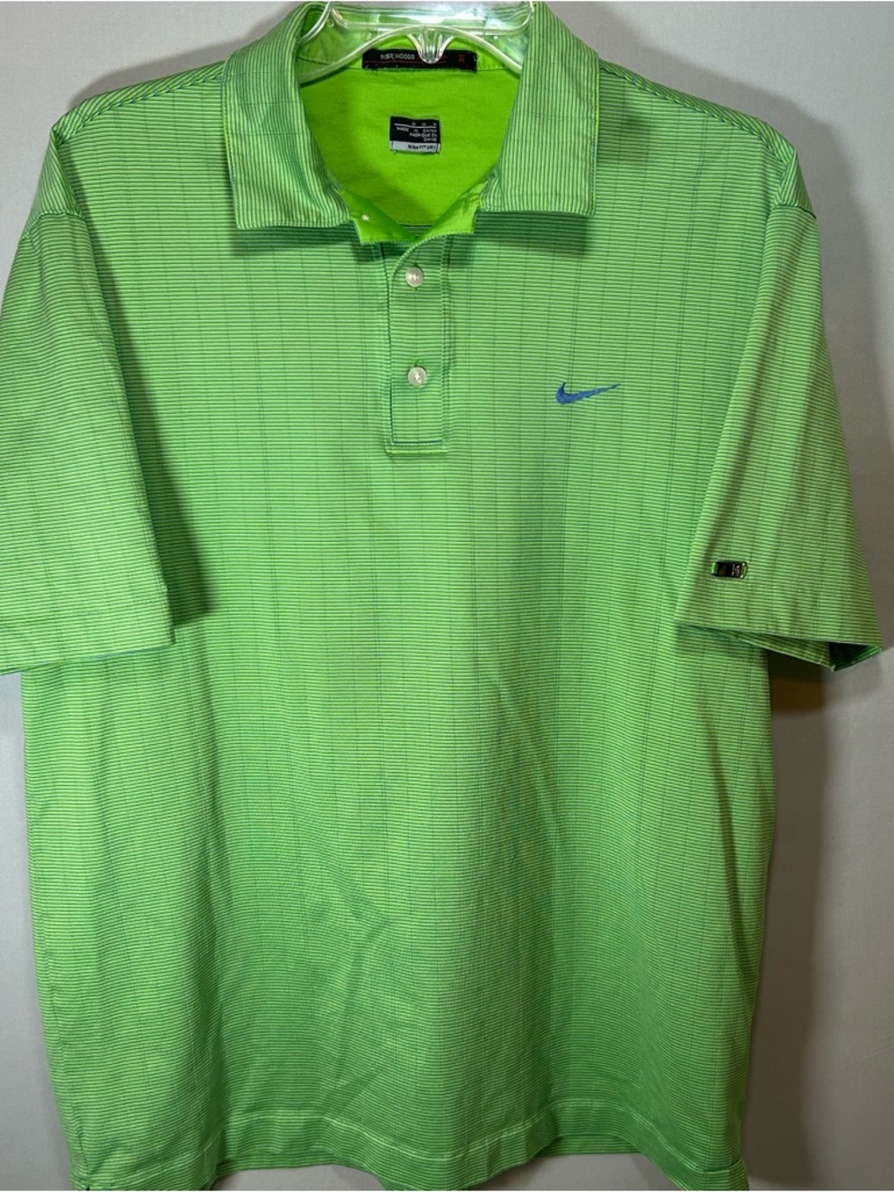 Tiger Woods Nike Polo Dri Fit Men’s Medium Striped Lime Green with Blue Swoosh